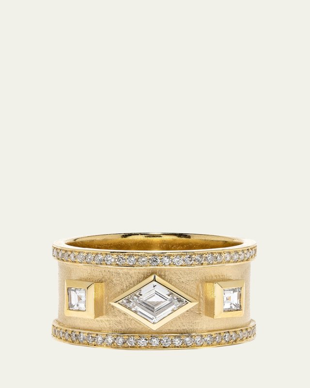 18K Yellow Gold Lozenge, Carre, and Round Diamond Ring, Size